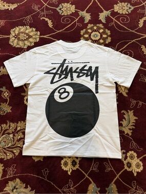 Stussy White Short-Sleeve Tee with Black 8-Ball Graphic